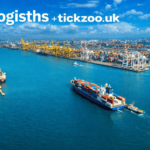 Aerial view of a busy seaport with a container ship, cranes, and cargo terminals featuring the branding tickzoo.uk and the keyword Logisths.