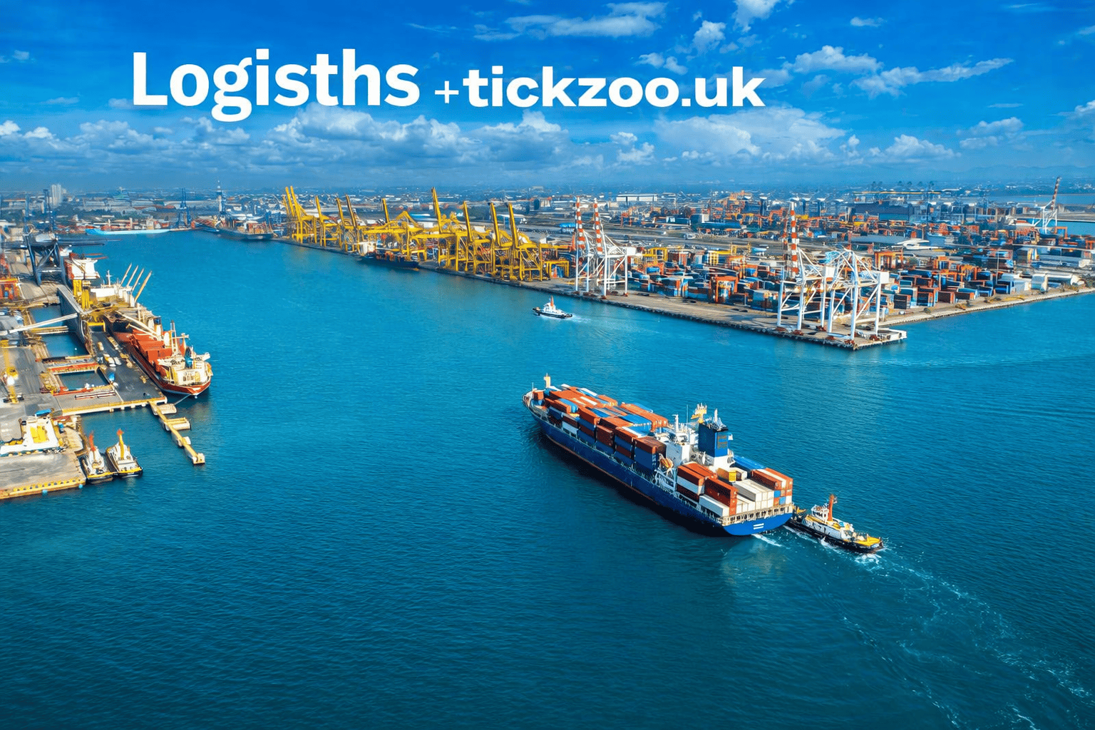 Aerial view of a busy seaport with a container ship, cranes, and cargo terminals featuring the branding tickzoo.uk and the keyword Logisths.