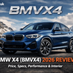 BMW X4 (BMVX4) 2026 luxury coupe SUV in metallic blue parked on a mountain road with tickzoo.uk branding and bold BMVX4 title text.