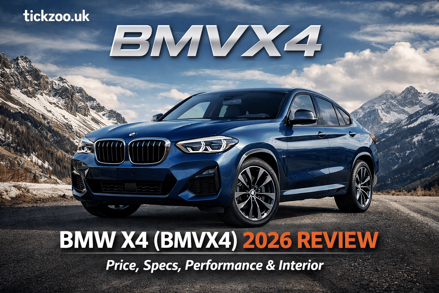 BMW X4 (BMVX4) 2026 luxury coupe SUV in metallic blue parked on a mountain road with tickzoo.uk branding and bold BMVX4 title text.