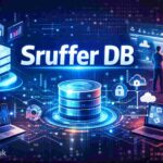 Futuristic illustration of Sruffer DB database platform with servers, cloud integration, analytics dashboards, and security icons,