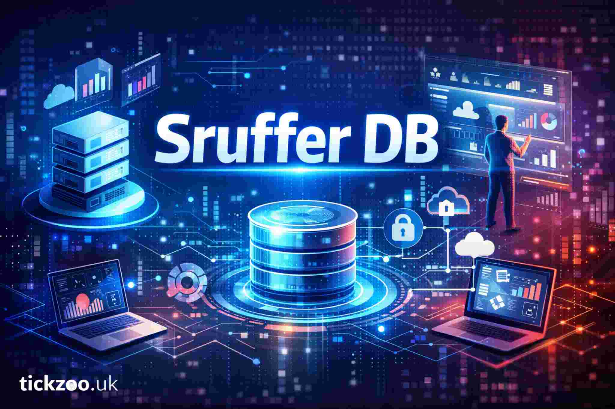 Futuristic illustration of Sruffer DB database platform with servers, cloud integration, analytics dashboards, and security icons,